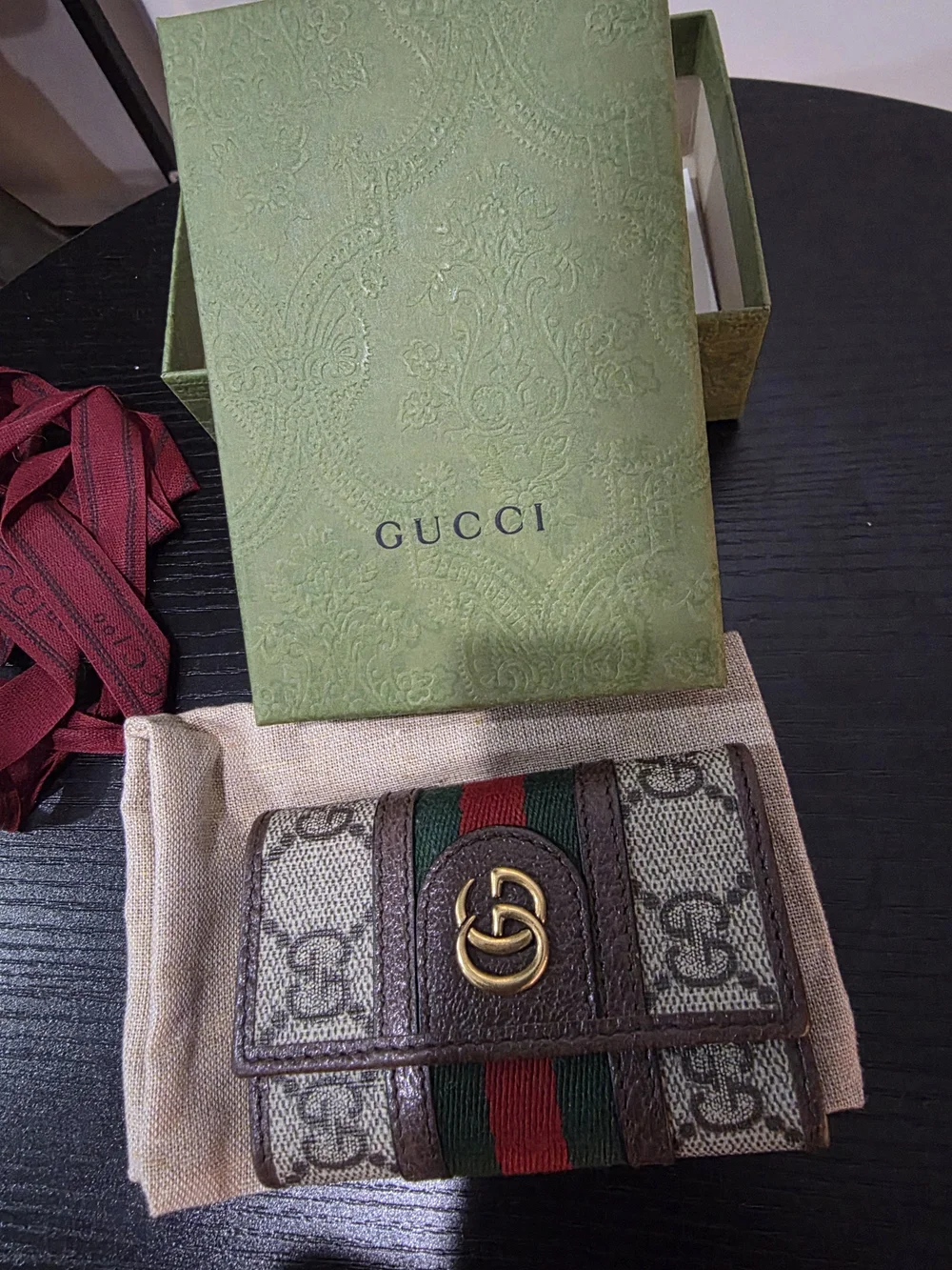 LIKE New CONDITION Gucci GG Supreme Key Case in Brown with Red & Green Stripe